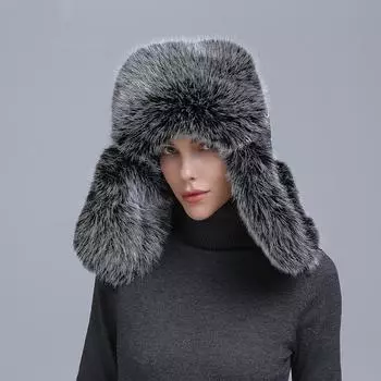 Новые женские 100% натуральные искусственные меховые шапки-бомберы из лисьего меха, зимние русские мужские теплые искусственные меховые шапки-ушанки из лисьего меха унисекс 54cm-62cm белый/чёрный