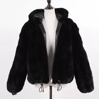 Новые женские 100% натуральные пальто с капюшоном из меха кролика Рекс, зимние русские женские теплые куртки из натурального меха кролика Рекс, горячее пальто из натурального меха S чёрный