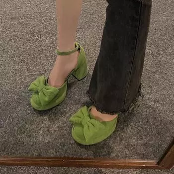 Новые женские элегантные сандалии на толстом высоком каблуке с бантом, женская обувь, летняя женская обувь Baotou с пряжкой и ремешком на каблуке и платформе 35 бежевый