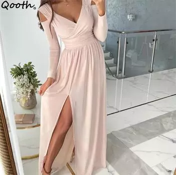 Новые женские элегантные юбки для самосовершенствования Y2K Новое сексуальное платье с длинным рукавом с v-образным вырезом Сплошной цвет Подол с разрезом вилка Бальные платья QT2354 S розовый