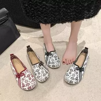 Новые женские балетки на плоской подошве в стиле ретро, китайские женские удобные мягкие туфли из хлопка с принтом пуговиц 35