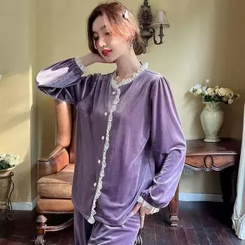 Новые женские бархатные пижамы, пижамы для девочек, кружевные пижамы на осень-зиму, домашняя одежда, женский кардиган с длинными рукавами, домашняя одежда M фиолетовый