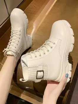 Новые женские белые ботильоны из искусственной кожи, армейские ботинки на толстой подошве со шнуровкой, женские осенне-зимние туфли на платформе, резиновые ковбойские сапоги 35 чёрный