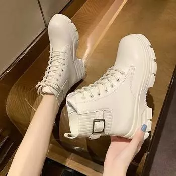 Новые женские белые ботильоны из искусственной кожи, армейские ботинки на толстой подошве со шнуровкой, женские осенне-зимние туфли на платформе, резиновые ковбойские сапоги 35 бежевый