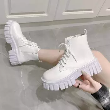 Новые женские белые ботильоны из искусственной кожи, армейские ботинки на толстой подошве со шнуровкой, женская осенне-зимняя обувь на платформе, женская обувь 35