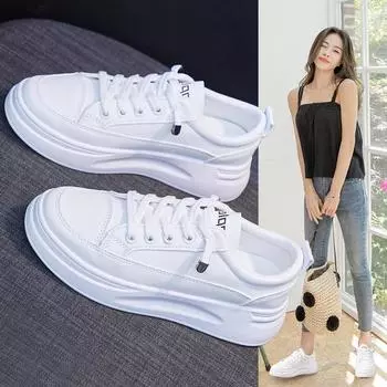 Новые женские белые туфли с кожаной поверхностью, весенне-летние спортивные туфли на открытом воздухе, тонкие повседневные туфли с мягкой подошвой, дикие туфли на шнуровке 35