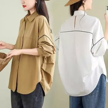 Новые женские блузки больших размеров, пальто, куртки, осенняя винтажная верхняя одежда, однотонная базовая блузка с длинным рукавом и пуговицами L белый