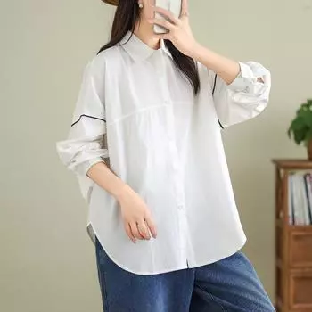Новые женские блузки больших размеров, пальто, куртки, осенняя винтажная верхняя одежда, однотонная базовая блузка с длинным рукавом и пуговицами L белый