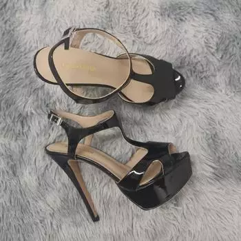 Новые женские босоножки 14 см, сексуальные, с Т-образным ремешком, с открытым носком, на платформе, летние красные свадебные туфли из лакированной кожи, на тонком высоком каблуке, большой размер 44 35 чёрный