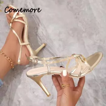 Новые женские босоножки 2024 года, летняя обувь, женские сексуальные платья, высокие каблуки, модные туфли-лодочки с открытым носком, туфли-гладиаторы, женский каблук 36 золотой