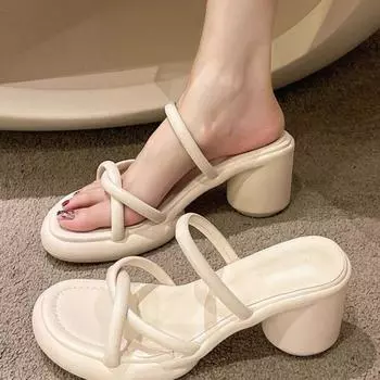 Новые женские босоножки 2024 Лето Французский стиль Назад Пустые женские тапочки Толстые каблуки Туфли для женщин Высокие каблуки Zapatos De Mujer 35 чёрный