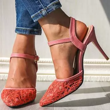 Новые женские босоножки на шпильке с острым носком, женские кружевные туфли на высоком каблуке с заостренной пряжкой сзади, размер 30–48, большой размер 34 розовый