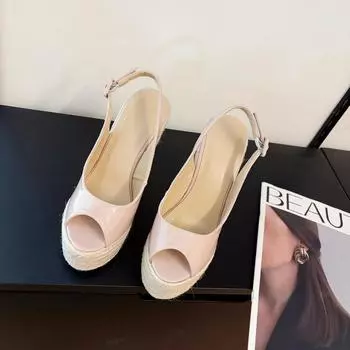 Новые женские босоножки на танкетке из плетеной пеньковой веревки на высоком каблуке, сексуальные туфли с открытым носком на платформе с пряжкой сзади и ремешком на толстой подошве абрикосового цвета 35