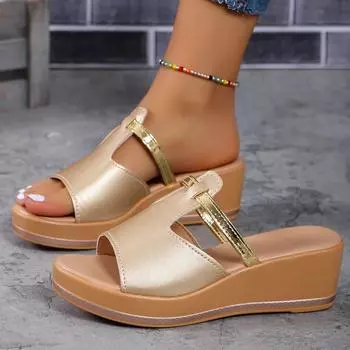 Новые женские босоножки на танкетке с открытым носком, белые летние модные дышащие удобные сандалии, женская обувь с пряжкой, женская обувь 36 золотой