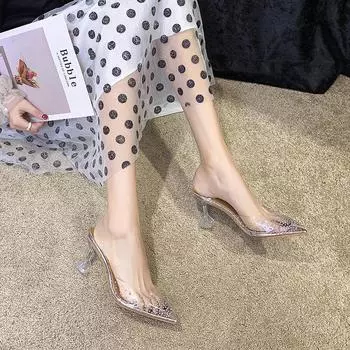 Новые женские босоножки с острым носком, украшенные стразами, на высоком каблуке, модные женские прозрачные босоножки 34