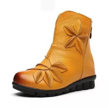 Новые женские ботильоны 2021, удобная зимняя обувь из натуральной кожи на плоской подошве с круглым носком, непромокаемая зимняя обувь с цветочным принтом 36 чёрный