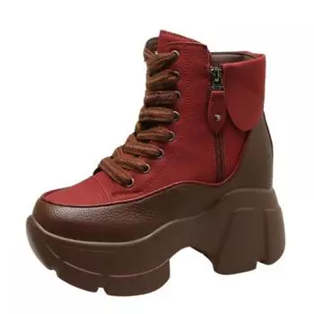 Новые женские ботильоны 2024 года, осенне-зимняя обувь, танкетка 7 см, короткие ботинки на платформе, женские кожаные кроссовки с толстой подошвой и застежкой-молнией 34 красный
