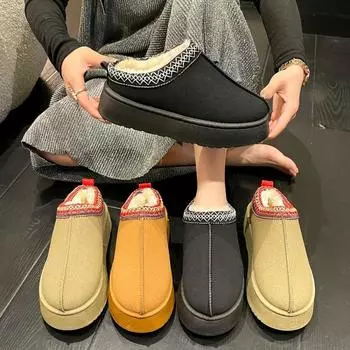 Новые женские ботильоны для снега, женские зимние брендовые меховые короткие плюшевые теплые тапочки на плоской подошве, туфли на платформе, шлепанцы, ботинки из хлопка 36 чёрный