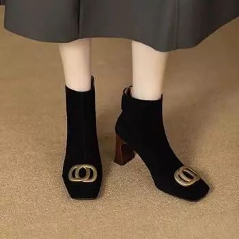 Новые женские ботильоны, имитация туфель, квадратные черные ботинки, средний каблук, застежка-молния, элегантные зимние модные ботинки 35