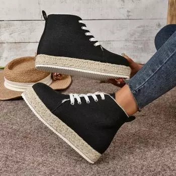 Новые женские ботильоны из искусственной замши, нескользящие женские туфли на плоской подошве, осенне-зимние женские туфли на плоской подошве с круглым носком, повседневные парусиновые туфли с высоким берцем на шнуровке 35 чёрный