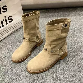 Новые женские ботильоны из искусственной замши на толстом низком каблуке с круглым носком, ковбойские сапоги в стиле вестерн, большие размеры, повседневная кожаная обувь на осень-зиму 35