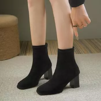 Новые женские ботильоны, легкая повседневная обувь, женские модные ботинки-носки на толстой подошве с квадратным носком, вязаные на осень и зиму 35