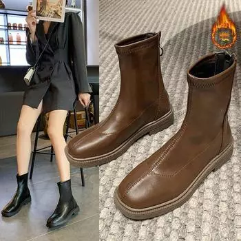 Новые женские ботильоны, модные женские туфли на плоской подошве с низким каблуком, женские кожаные ботильоны на низком каблуке, сохраняющие тепло Q112 35