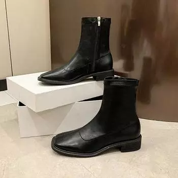 Новые женские ботильоны, модные женские туфли на плоской подошве, женские кожаные ботинки на низком каблуке, сохраняющие тепло ботильоны 35 чёрный
