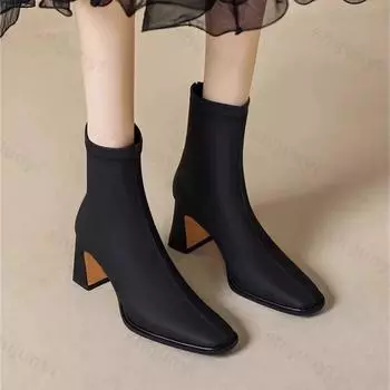 Новые женские ботильоны на высоком каблуке с квадратным носком, модные туфли на молнии сзади для танцев, выпускного вечера, уличные женские короткие ботинки Botas De Mujer 35 чёрный