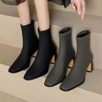 Новые женские ботильоны на высоком каблуке с квадратным носком, модные туфли на молнии сзади для танцев, выпускного вечера, уличные женские короткие ботинки Botas De Mujer 35 чёрный