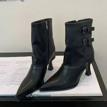 Новые женские ботильоны с двойной пряжкой, удобные белые кожаные туфли на молнии для вечеринок, туфли-лодочки на тонком каблуке Botas Mujer 35