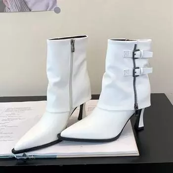 Новые женские ботильоны с двойной пряжкой 2024 года, высококачественные удобные белые кожаные женские туфли на молнии для вечеринок, туфли-лодочки на тонком каблуке Botas Mujer 35 чёрный