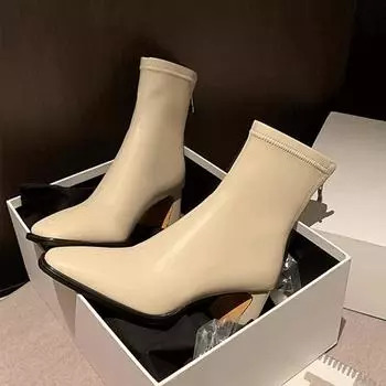 Новые женские ботильоны с застежкой-молнией сзади 2024 года, горячая распродажа, осень-зима, уличные, нескользящие, квадратный каблук, однотонные, без застежек, женские, Oots 35 бежевый