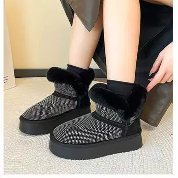Новые женские ботильоны со стразами, теплые, плюшевые, водонепроницаемые, зима 2024, горячая распродажа, повседневные, удобные, женские зимние ботинки 35 чёрный