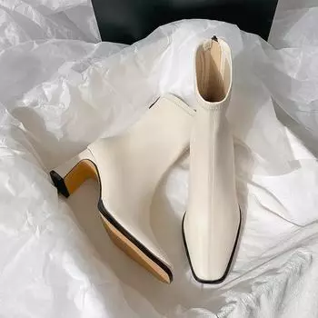 Новые женские ботильоны женские зимние черные сексуальные квадратные ботинки на низком каблуке удобные короткие ботинки на молнии белые эластичные обтягивающие ботинки 35 бежевый