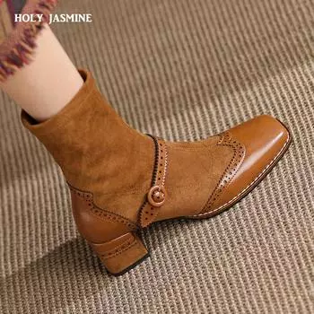 Новые женские ботинки из натуральной кожи, зимние ботинки, броги с пряжкой и молнией, ретро-ботинки с круглым носком и толстым каблуком, ботильоны, модная женская обувь из флока 4 чёрный