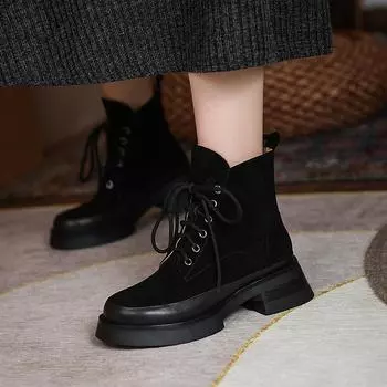 Новые женские ботинки из овчины, зимние ретро-ботинки на шнуровке с круглым носком для работы и безопасности, ботильоны на толстом каблуке, женская обувь ручной работы на платформе 36 чёрный
