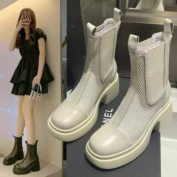 Новые женские ботинки Martin на толстой подошве, черные, на толстом каблуке, белые, короткие, сетчатые, босоножки, короткие, на высоком каблуке, сетчатые 35 бежевый