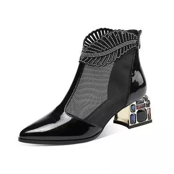Новые женские ботинки на среднем каблуке с полым толстым каблуком, сандалии из сетчатой пряжи со стразами, женские лакированные кожаные сапоги большого размера из сетки 34