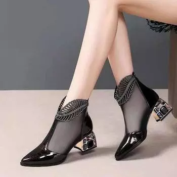 Новые женские ботинки на среднем каблуке с полым толстым каблуком, сандалии из сетчатой пряжи со стразами, женские лакированные кожаные сапоги большого размера из сетки 34