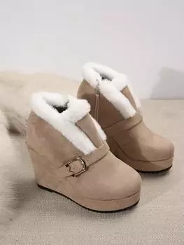 Новые женские ботинки с круглым носком, с пряжкой, сексуальные ботильоны, на платформе, с рукавом, средней высоты голенища, банкетные, замшевые, больших размеров 36-43, Botas Mujer 36 бежевый