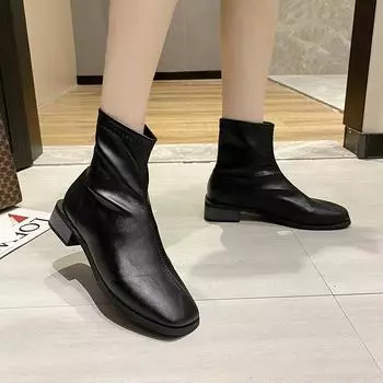 Новые женские ботинки, винтажные ботинки с квадратным носком и толстым каблуком, однотонные универсальные повседневные туфли с молнией сзади Botas De Neve 35 бежевый