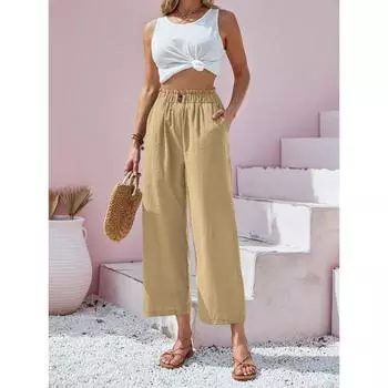 Новые женские брюки с высокой талией и эластичным поясом в виде листьев лотоса, из хлопка и пеньки, повседневные брюки S дубильная кора