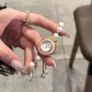 Новые женские часы с жемчужным браслетом, легкие, роскошные, элегантные, со стразами, с дисковым кварцевым механизмом