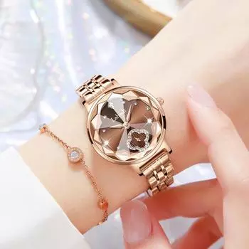 Новые женские часы со стальным ремешком, циферблат с независимыми секундами и циферблатом в виде цветка четырехлистного клевера
