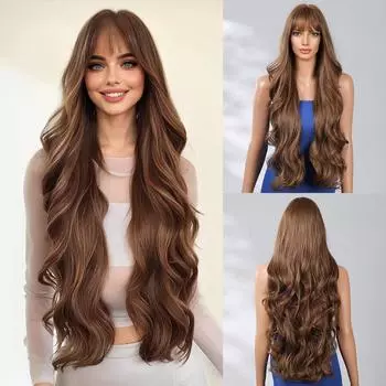Новые женские челки темно-коричневые большие волны модные длинные вьющиеся волосы парик полные волосы парики 1#