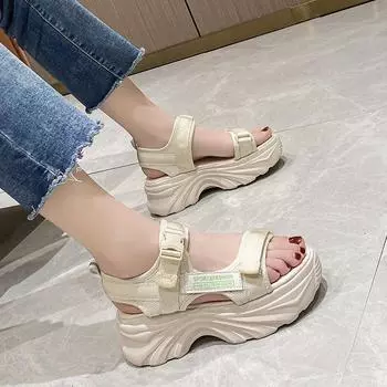 Новые женские черные сандалии на толстой подошве, летняя модная обувь для ходьбы на платформе, женские нескользящие пляжные сандалии на толстой подошве Mujer 35 бежевый