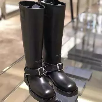 Новые женские черные сапоги на толстом каблуке, кожаные сапоги с острым носком до середины голени, осенне-зимние женские мотоциклетные ботинки с пряжкой, длинные сапоги 35 чёрный