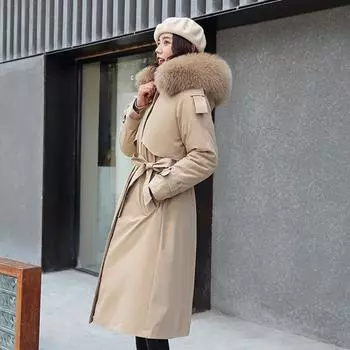 Новые женские длинные куртки осень-зима однотонные съемные плюшевые женские парки с капюшоном и меховым воротником толстое пальто-пуховик M хаки