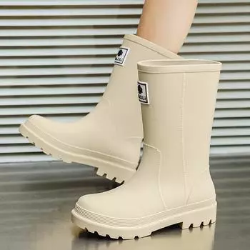 Новые женские дождевые ботинки бархатные средней длины водонепроницаемые резиновые ботинки на толстой подошве высокие модные женские резиновые сапоги износостойкие галоши 36